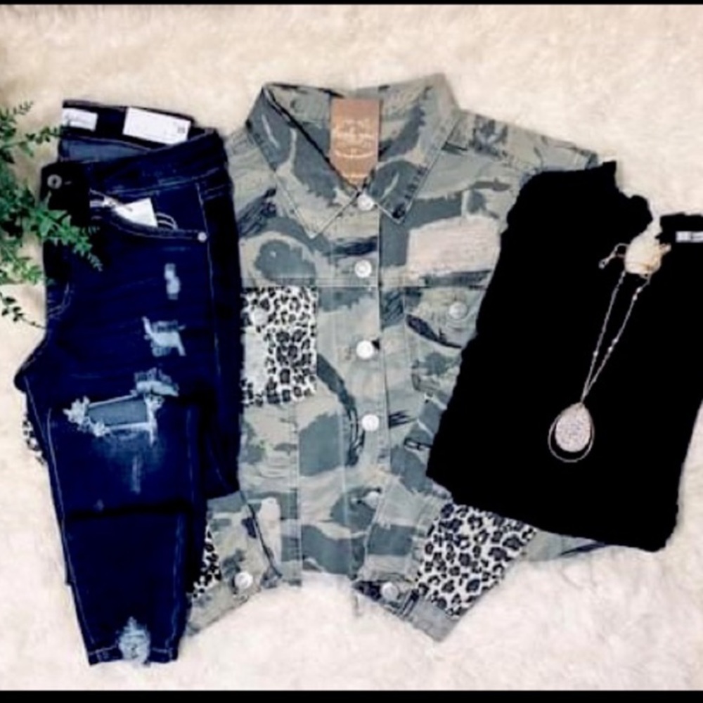 NWT - Camo + Cheetah Denim Material Jacket